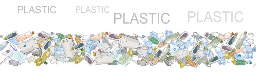 Seamless border with sorted plastic garbage isolated on white. Concept of Recycles Day, World Cleanup Day and ecology.