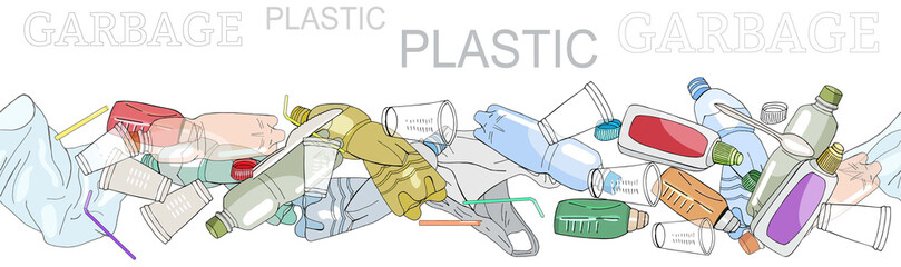Seamless border with sorted plastic garbage isolated on white. Concept of Recycles Day, World Cleanup Day and ecology.