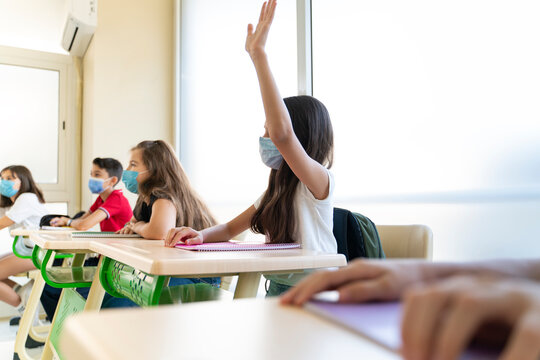 Group of students with face mask back at school after covid-19 quarantine and lockdown