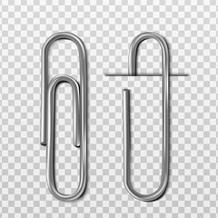 Two 3d realistic vector metal paper clips, with and without paper. Isolated on white background.