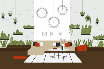 Scandinavian room interior vector illustration. Cartoon trendy living room interior design with a lot of plants pots home garden.