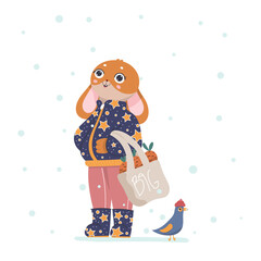 It is snowing. Funny rabbit and pigeon. Vector illustration.