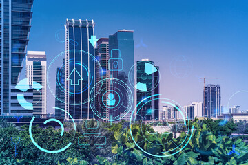 Panoramic view skyscrapers. Modern cityscape of the capital of the Emirate of Dubai. Technology concept. Double exposure.