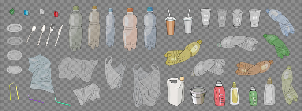 Big waste Set Of Transparent Empty Packaging. Plastic Trash. Vector hand drawn collection of rubbish.