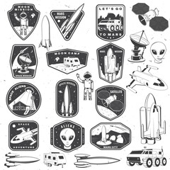 Set of space mission logo, badge, patch. Vector. Concept for shirt, print, stamp. Vintage typography design with space rocket, alien, mars city, camper van on the moon and earth silhouette