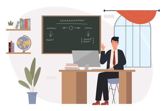 Teacher man working in blackboard class vector illustration. Cartoon male school or college teacher character sitting at table with laptop and waving in classroom chalkboard interior isolated on white
