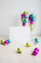Christmas greeting card, invitation blank paper card mock up with New Year decorations
