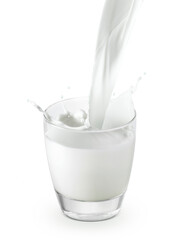 pouring a glass of milk creating splash, isolated on a white background