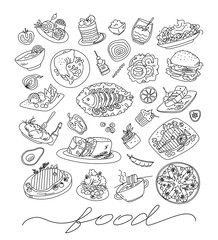 Hand drawn set of restaurant and cafe food doodle with lettering in vector