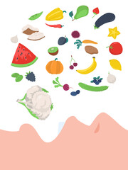 Healthy food vector concept, close-up of human mouth eating vegetables and fruits