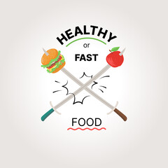 Healthy or fast food. Choice is like a battle. Saber fruit. Food. Vector