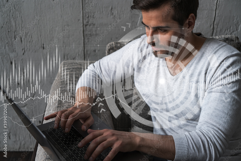 Poster a serious caucasian analyst in casual wears, using laptop to proceed the forecast of behavioral stat