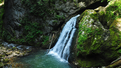 Galbena Waterfall flowing of a steep cliff through green moss. This is the entrance into Galbena Gorges, a Natural Reservation in Apuseni Mountains. Carpathia, Romania.