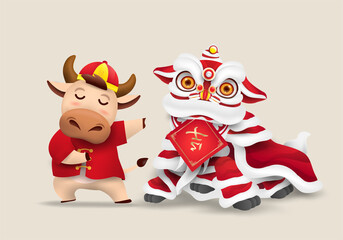 Happy Chinese new year 2021 Ox zodiac. Cute cow character in red costume and lion dance. Translated: Wealth and Lucky.