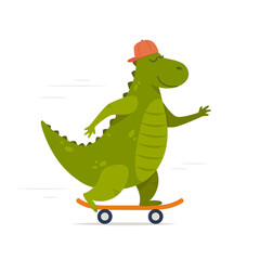 Fototapeta na wymiar Cute dinosaur rides on skateboard. Tyrannosaur skateboarder. Kids print with dino. Vector illustration for print, clothes, greeting card, children's room decor.