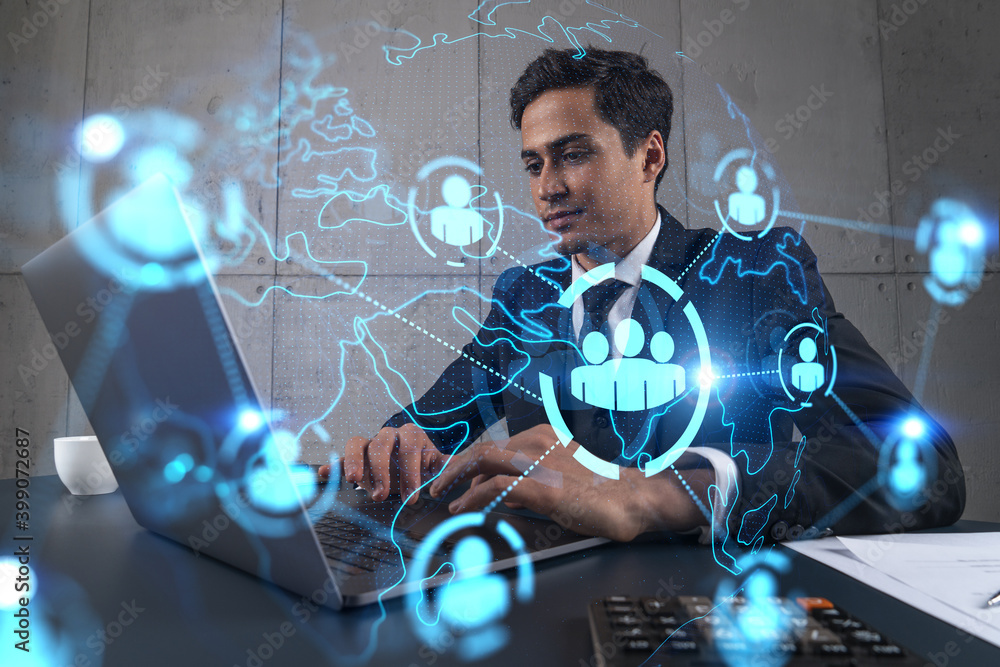 Poster businessman in office working with laptop, develop networking chain to push new social media project