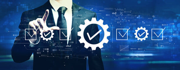 Quality control approval with businessman on a dark blue background