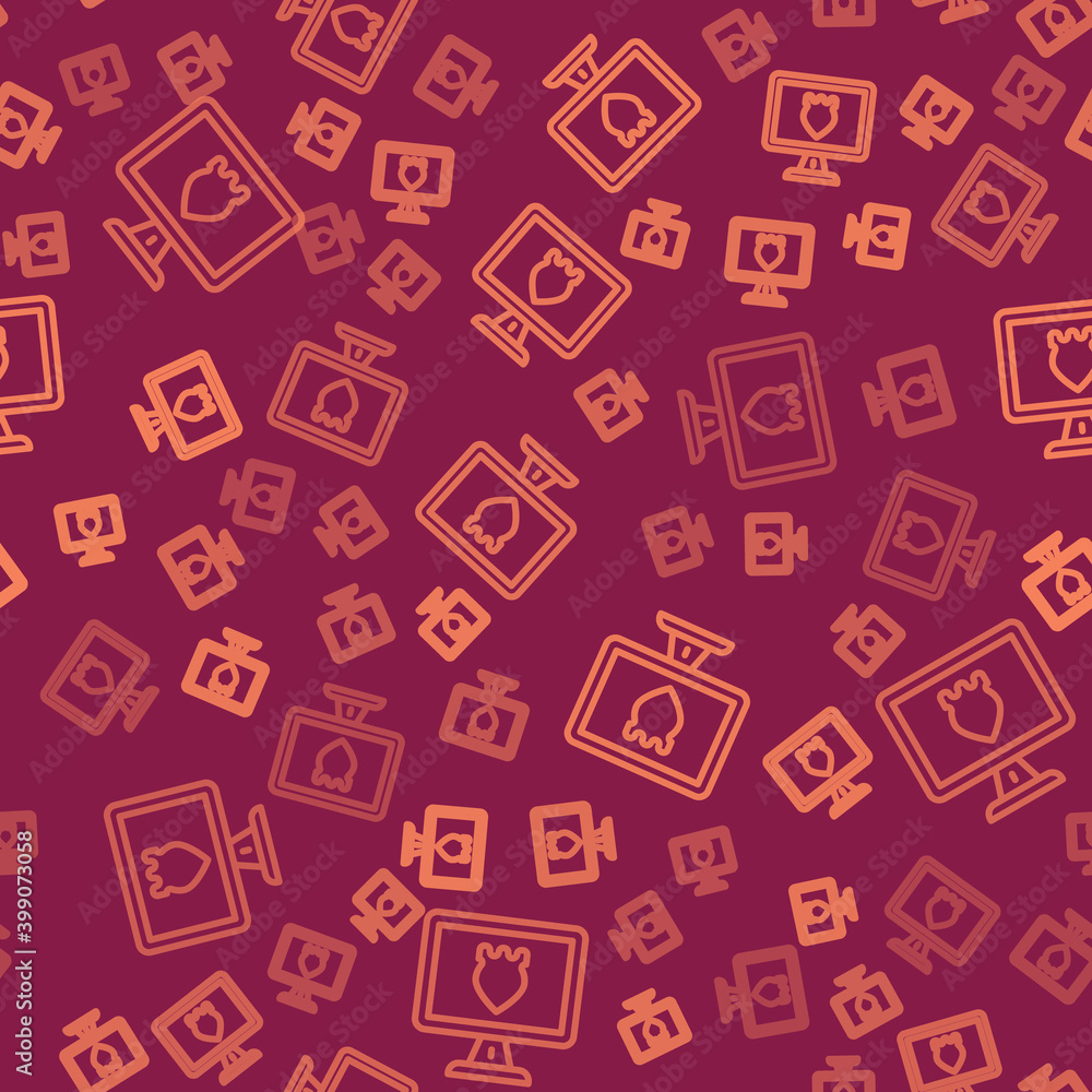 Poster brown line police database icon isolated seamless pattern on red background. police badge on monitor