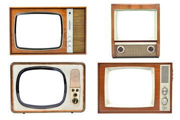 Vintage TV set collection with blank screen isolated on white background