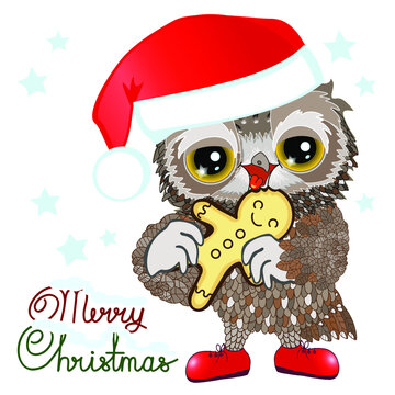 free owl in Santa hat eating gingerbread man, emoji on white isolated background with inscription Merry Christmas