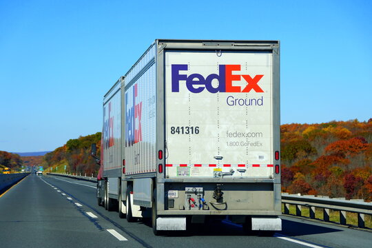 Jim Thorpe, Pennsylvania, U.S.A - October 17,2020- A large Fedex truck moving on the highway