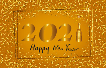 Golden Happy 2021 New Year,golden confetti and champagne on a dark background.Holiday vector illustration.Graphic element for banner,greeting cards,invitation,poster or website. 