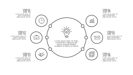 Doodle infographic circle elements with 6 options. Hand drawn icons. Thin line illustration