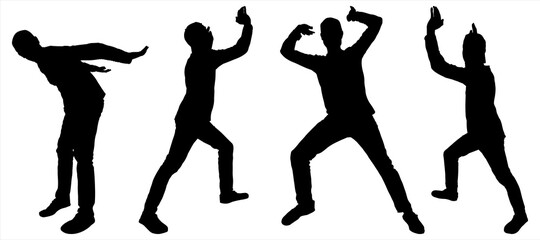 Guy rests on feet; holds the weight with back; raises hands up. Man climbs, poses in different situations. Extreme sport. Climbing. Four black male silhouettes are isolated on a white background.