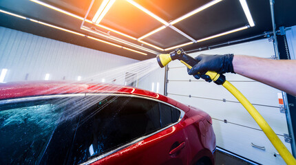 Service worker washing car on a car wash.