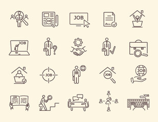 Set of remote work, find a job, employment, freelance and HR linear icons. Outline vector illustrations. Mono Line Pictograms and Infographics