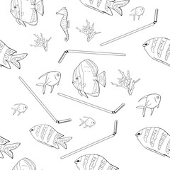 Hand drawn outline. Vector seamless pattern with garbage, plastic straws, fishes, bag, seaweed, plastic utensils.