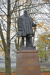 KALININGRAD, RUSSIA. Sculpture of Duke Albrecht, founder of the University of Königsberg. Russian text