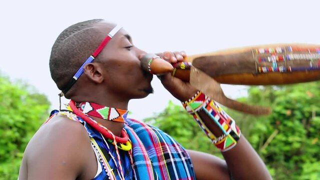 Masai person drinking milk and waving hand, wearing cultural clothes, in Kenya
