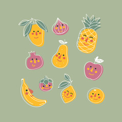 Various fruits with cute faces. Kids print illustration. Funny cute characters. Vector illustration. 