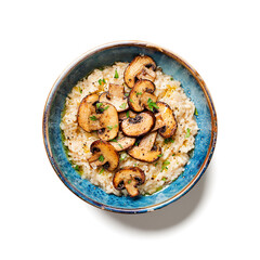 Risotto with brown champignon mushrooms isolated on white background	