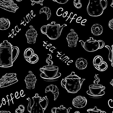 Sweets, candy, tea, coffee hand chalk drawn vector seamless pattern on dark background. Concept for wallpaper, menu, wrapping paper