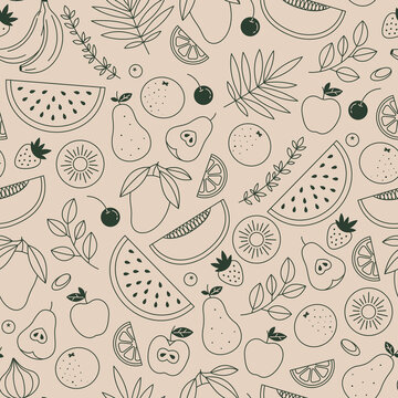 Various fruit seamless pattern. Linear graphic. Fruits background. Scandinavian style. Healthy organic food pattern. 