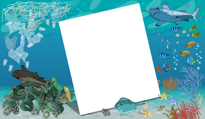 Vector template with different types of plastic garbage and chemical waste to the ocean. Ecology concept.
