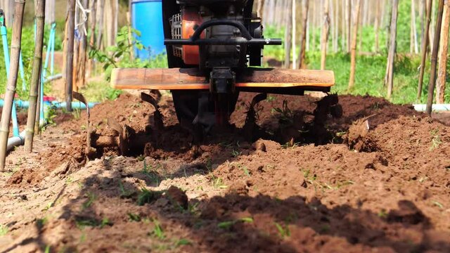 An Asian male farmer is cultivating the soil with machines