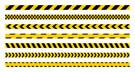 Warning yellow tape set. Stripes borders. Danger, caution, police stripes. Seamless ribbons barricade.