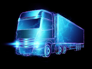 Truck hologram on a blue background. Parcel tracking applications, online cargo delivery service, logistics. 3D illustration, 3D render.