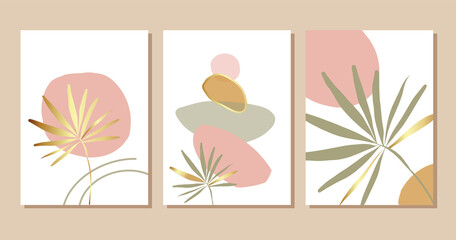 Collection of contemporary art posters Botanical wall art Abstract leaves foliage stain shapes. vector set Design for print cover wallpaper social media