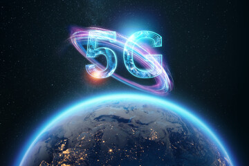 5G inscription on the background of the globe. Concept Mobile communication network for high speed wireless Internet connection, fifth generation technology, new technologies.
