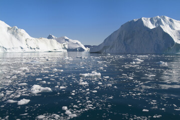 Icebergs in Disko Bay, UNESCO World Heritage Site, Ilulissat, Jakobshavn, Greenland, Denmark..