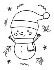 Christmas coloring page for kids. Cute cartoon snowman. Outline illustration.