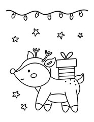 Cartoon Santa Claus deer with gift. Merry Christmas vector outline illustration. Coloring book for children. Cute kawaii character.