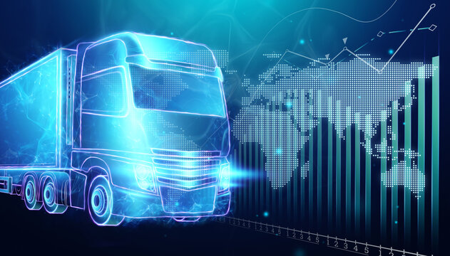 Truck hologram and world map on blue background. Parcel tracking applications, online cargo delivery service, logistics. 3D illustration, 3D render.