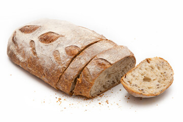 sliced rye bread on a white background