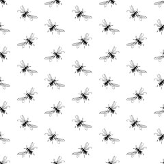 Simple seamless pattern of freehand sketch of flying bees, drawn and digitized, in black and white. Vector illustration for fashion, package design, wallpaper, textile, fabric, wrapping paper.