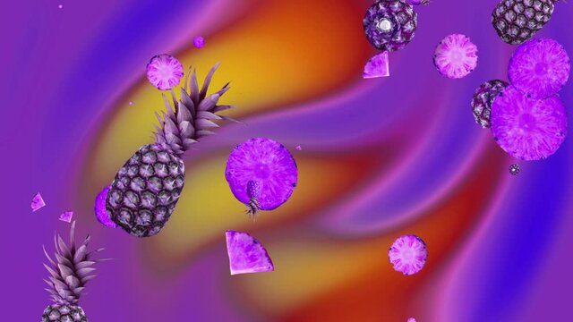 Rotating multi-colored falling pieces of ripe juicy pineapple fruit. pattern on a multicolored abstract background. the style is minimal. looping animation. copy space. They change size and color.
